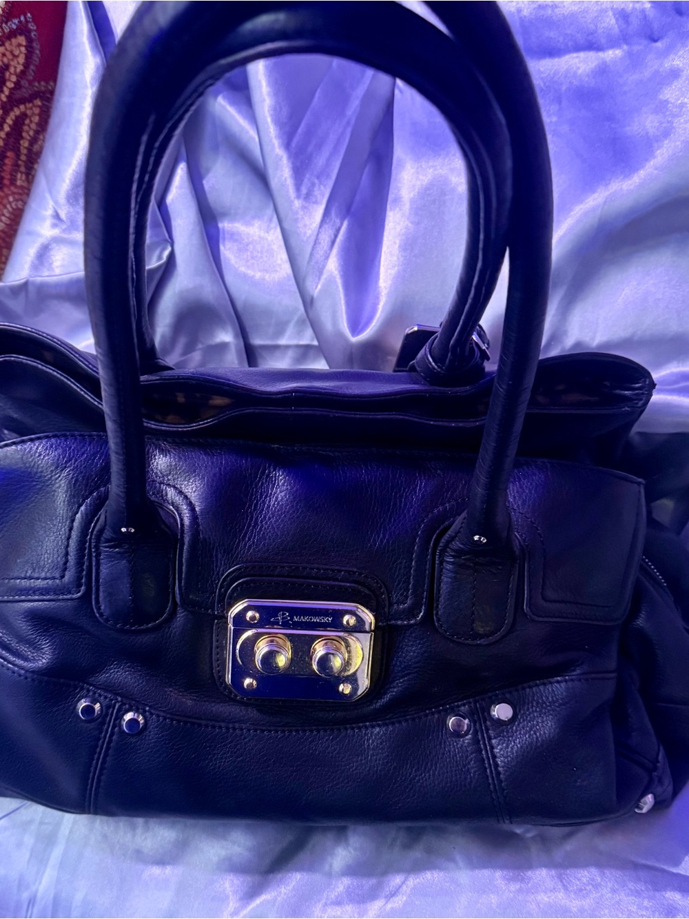 b. makowsky Black Leather Shoulder Bag with Gold Hardware